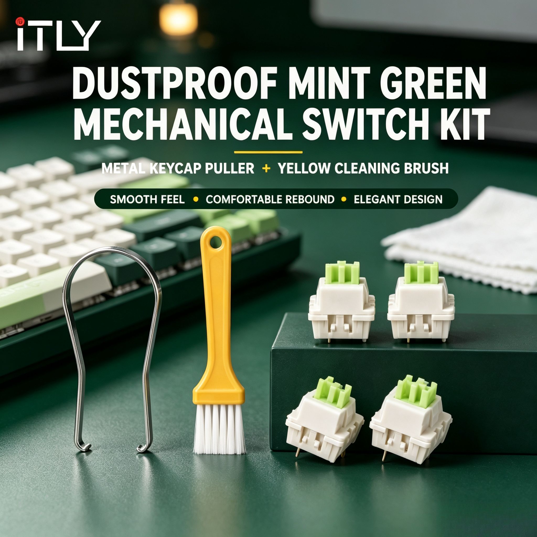 Interruptor Mecânico à Prova de Poeira ITLY 5 Pinos Hot Swap Mint Green, Sensação Linear, com Extrator de Metal e Escova