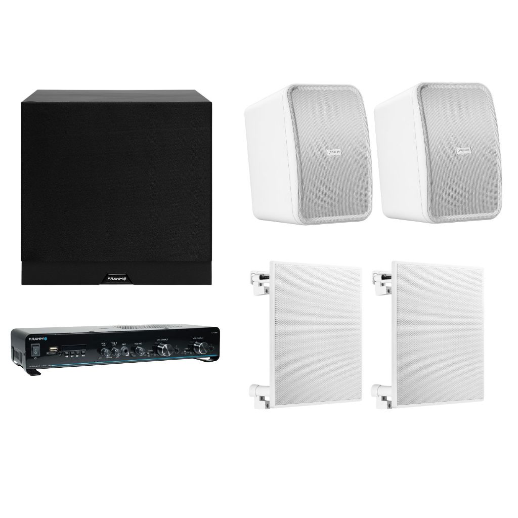 Kit Sonorização Comercial Frahm Lojas Teto Duplo Com 5 HS Outdoor Branca