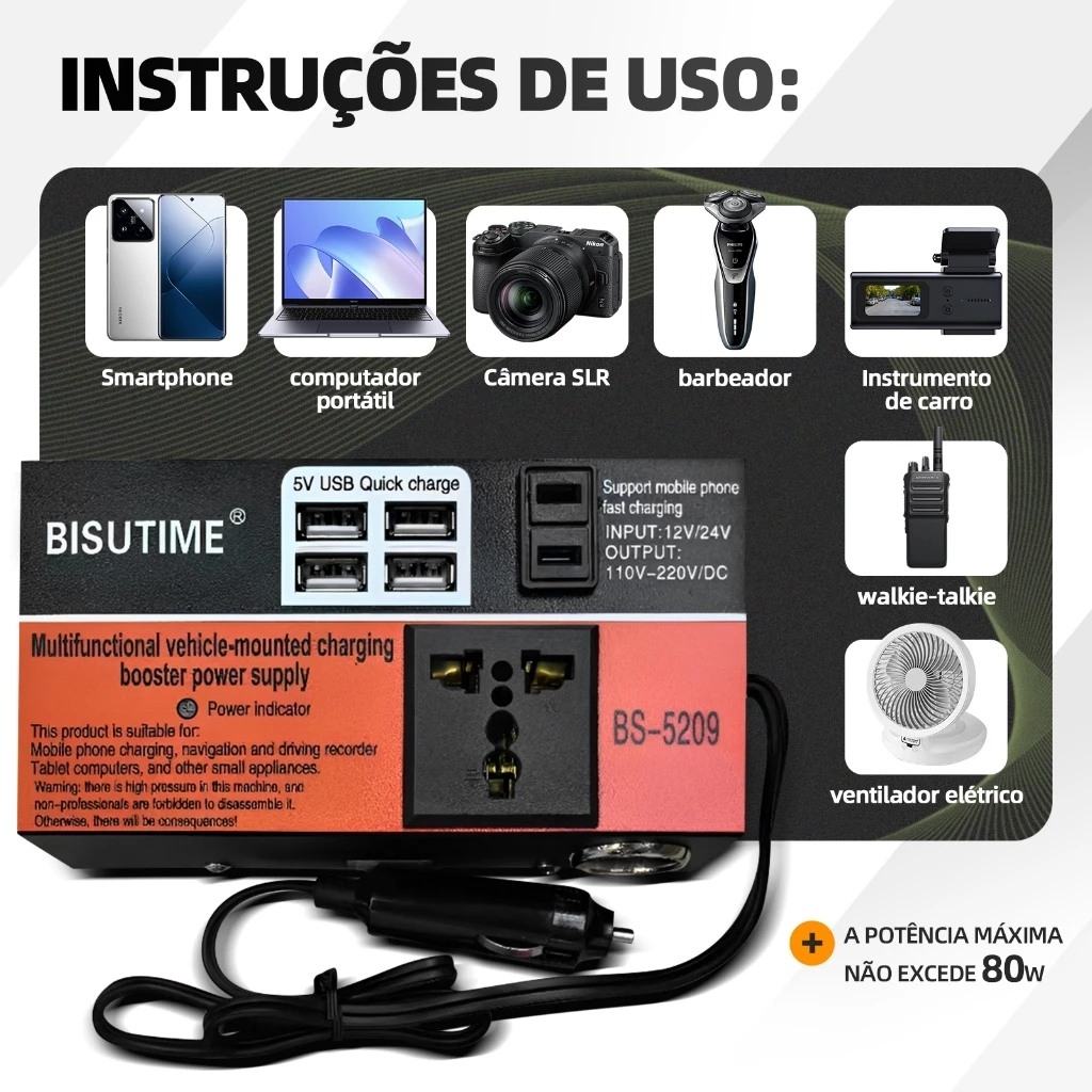 Conversor De Potência Veicular Inversor Com 200W De Potência Dc 12v/24v para 110v/220v  Linha Premium