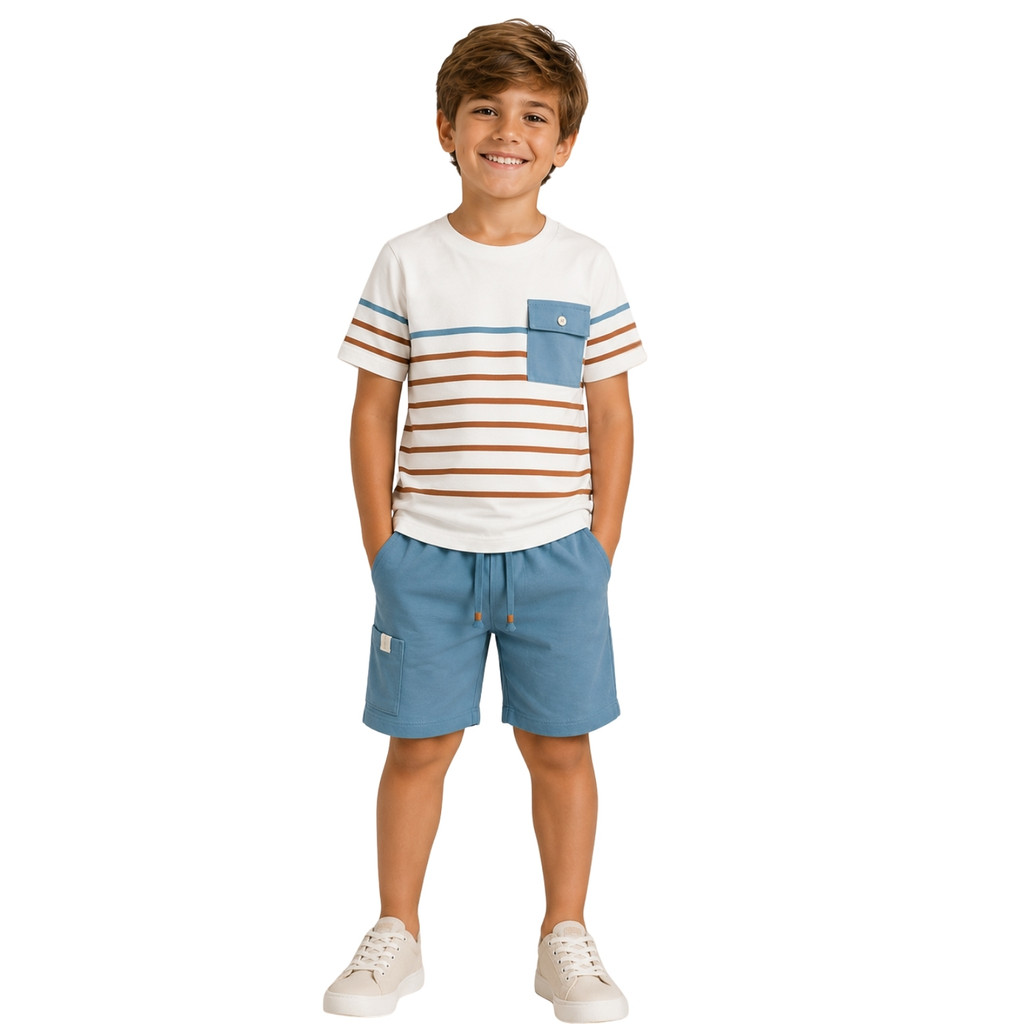 Conjunto Milon Infantil Menino Camiseta Flamê Listrada Off White e Bermuda Lisa Verde 2001813