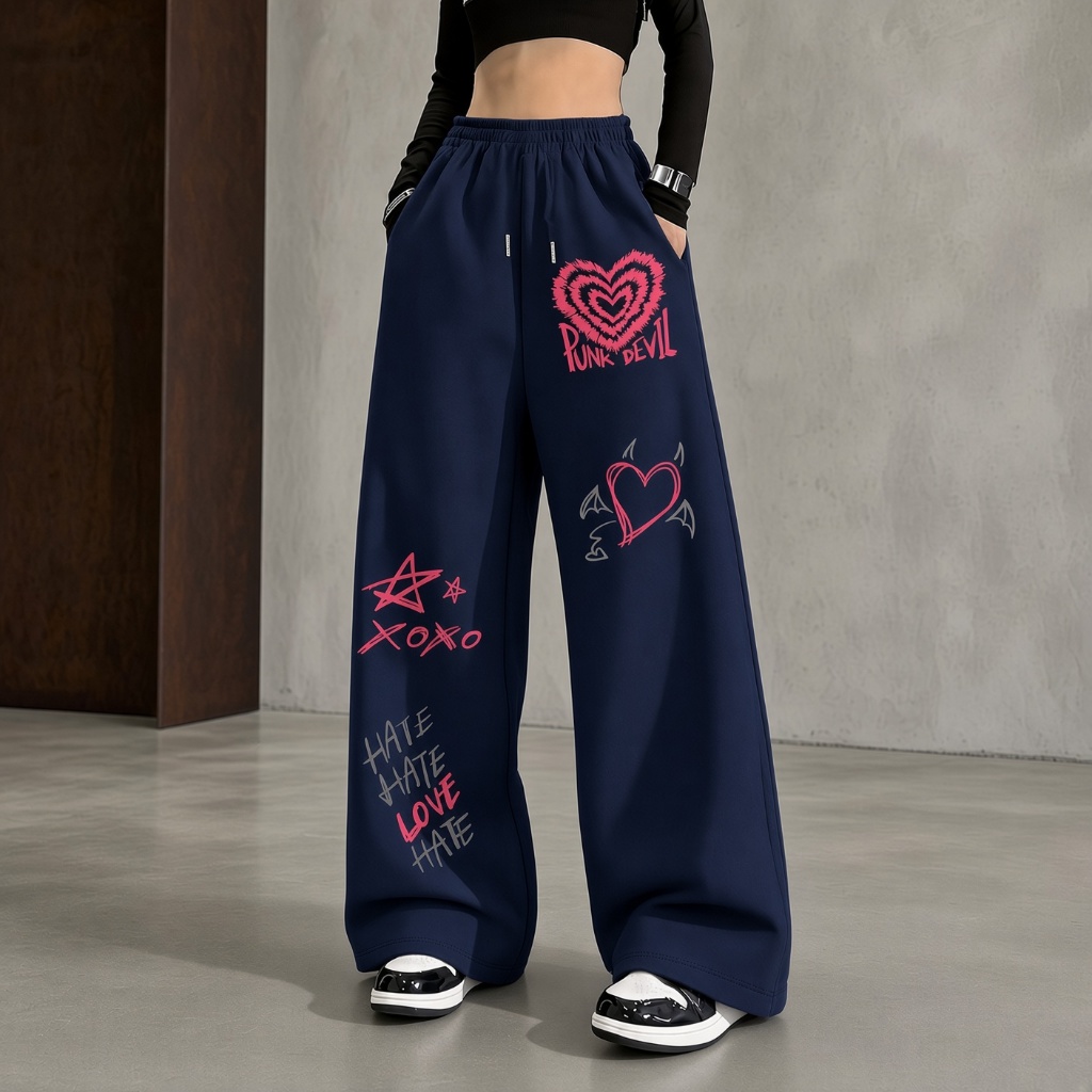Calça Wide Leg Feminina Estampada Streetwear Com Coração Punk Devil Xoxo Perna Reta Com Bolsos