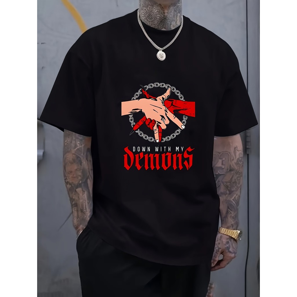 Camiseta 2026 T-shirt Camiseta Masculina Dancing with Devils Design Handshake Correntes Vermelho Streetwear Ousada Confo