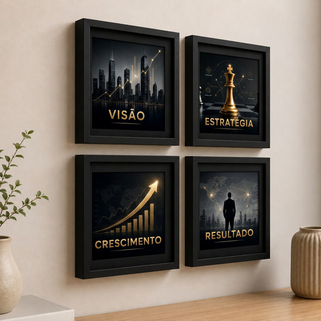 Quadros Decorativos Empresariais Kit 4 Motivacionais Business, Moldura, para Escritório e Home Office, Moderno Executivo