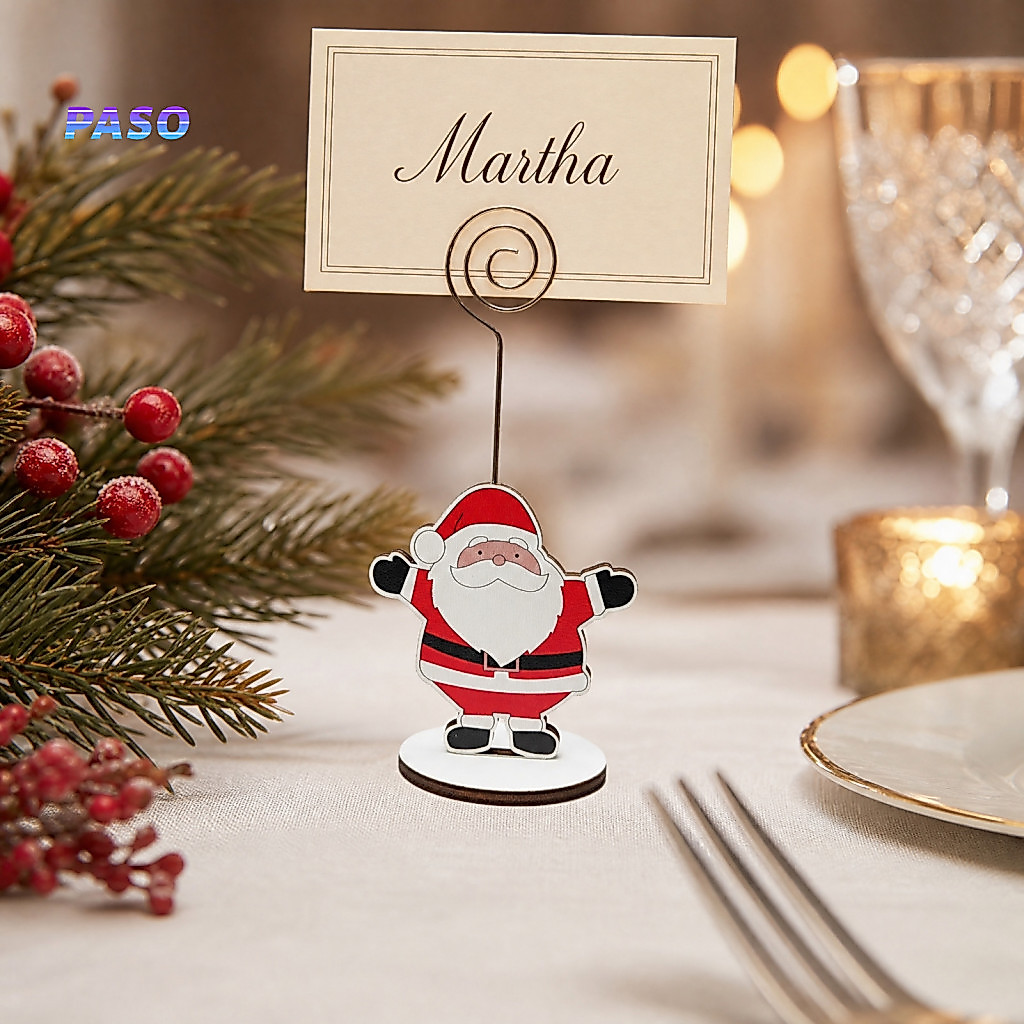 Metal Pole Card Holder Business Wooden Christmas with Swirl – Xmas Desk Stand for Office Home Holiday Decor Festive No