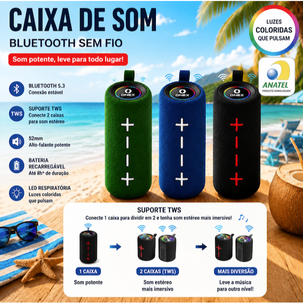 Caixa de Som Bluetooth TWS 1 em 2 Portátil e potente 20W IPX6 Sem Fio Presente Ideal para Camping