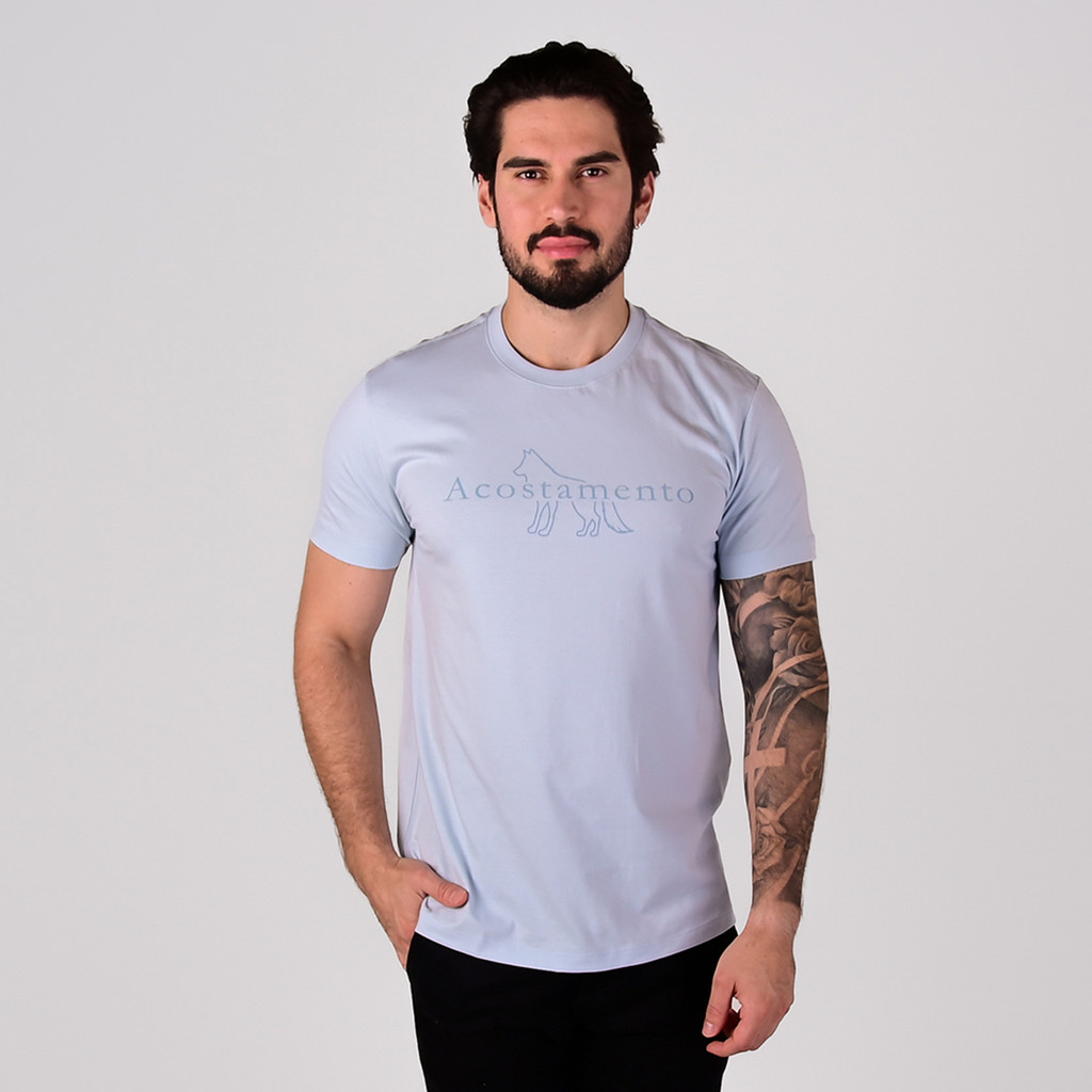 Camiseta Acostamento Wolf Escrita Azul Claro