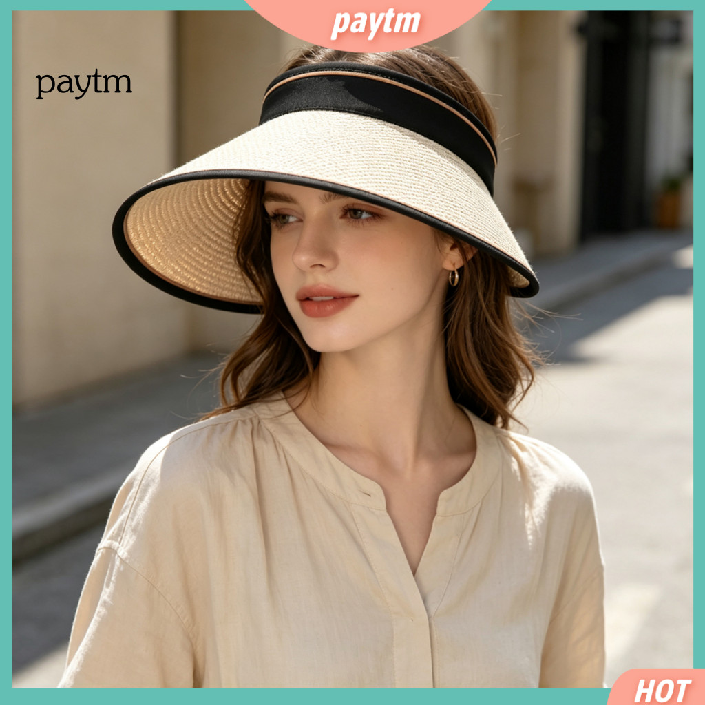 Foldable Summer Hat Topless Beach Straw Sun Visor for Women – Wide Brim Uv Protection Adjustable for Outdoor Travel Va