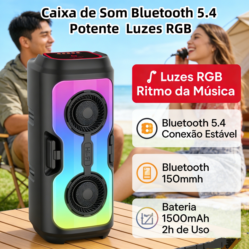 Caixa de Som Bluetooth 5.4 Potente 50W, Luzes RGB, Portátil para Festas e Acampamentos