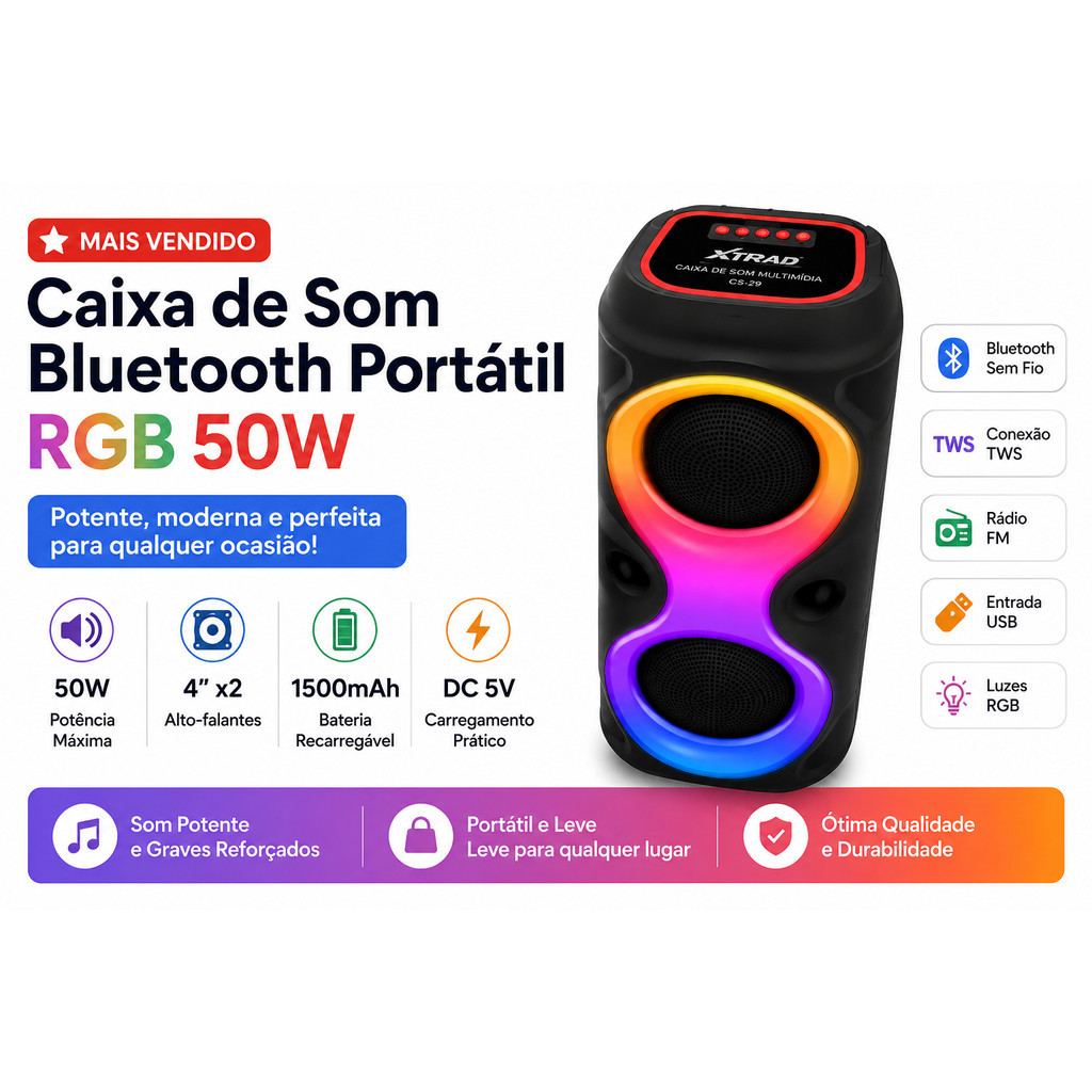 Caixa de Som Bluetooth Portátil RGB 50W com Rádio FM TWS USB Mini Speaker