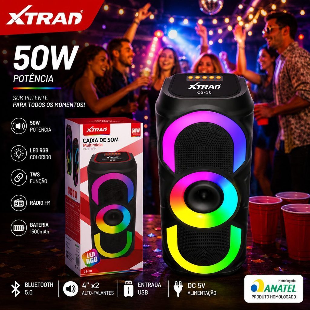 Caixa de Som Bluetooth RGB Portátil 50W TWS Rádio FM USB Recarregável CS-30