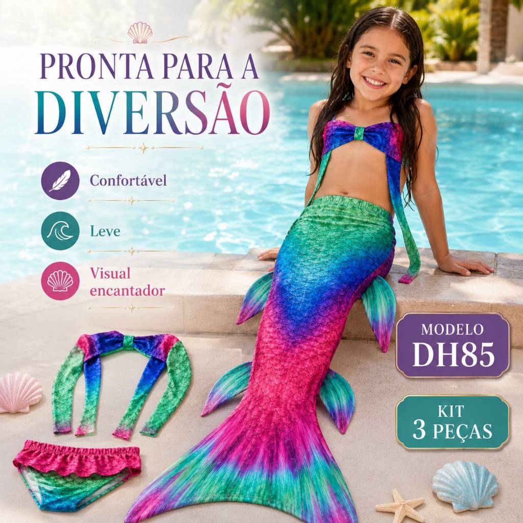 Fantasia Sereia Infantil 3 Peças Cauda Top Calcinha GB04