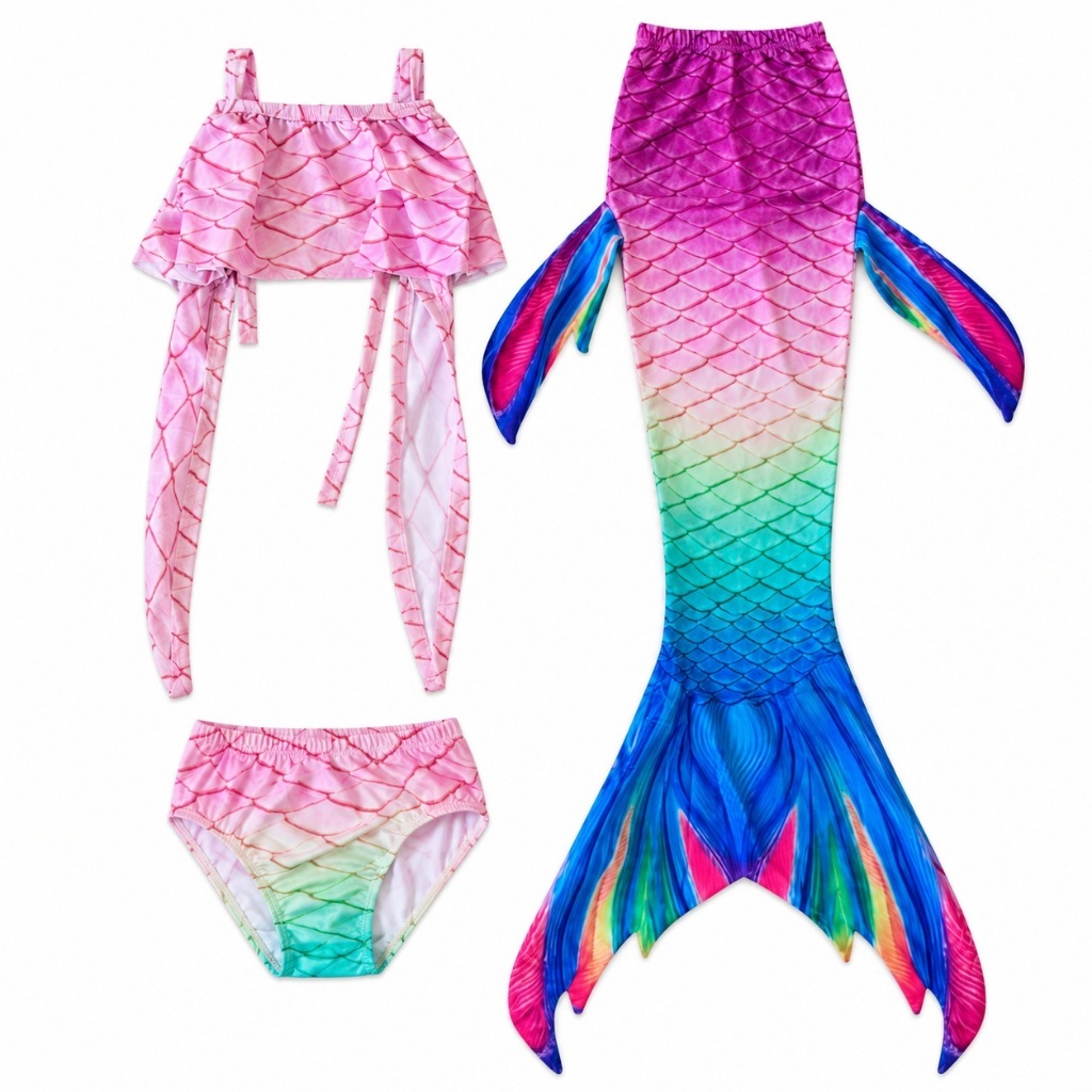 Fantasia de Sereia Infantil Kit 3 Peças com Cauda Top e Calcinha GB08 Tamanhos 110 120 130 140 150