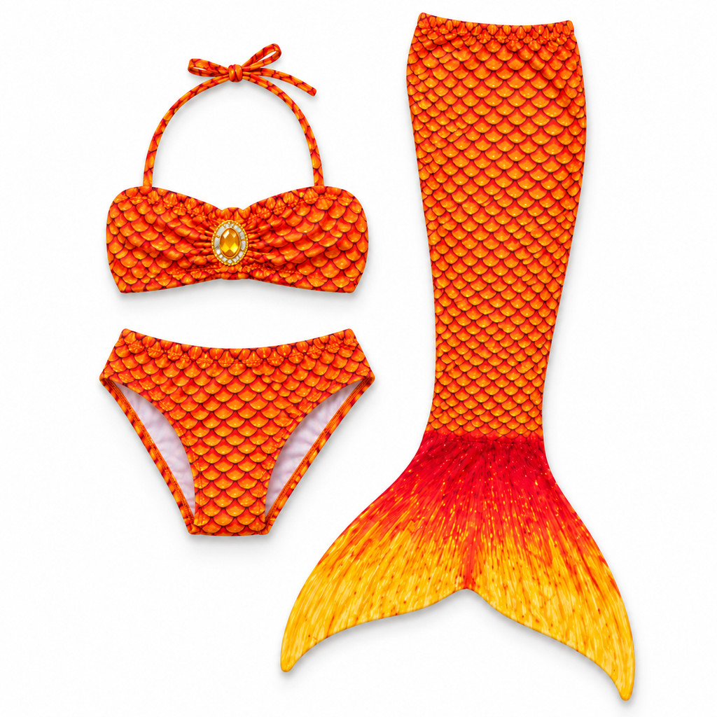 Fantasia Sereia Infantil Laranja Kit 3 Peças Cauda Top Calcinha JP07 Tamanhos 110 120 130 140 150
