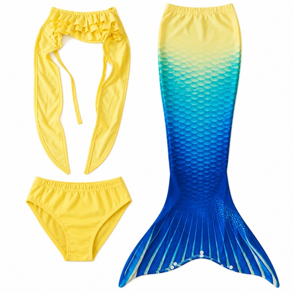 Fantasia Sereia Infantil Kit 3 Peças Cauda Top Calcinha JP40 Amarelo Azul Tamanhos 110 120 130 140