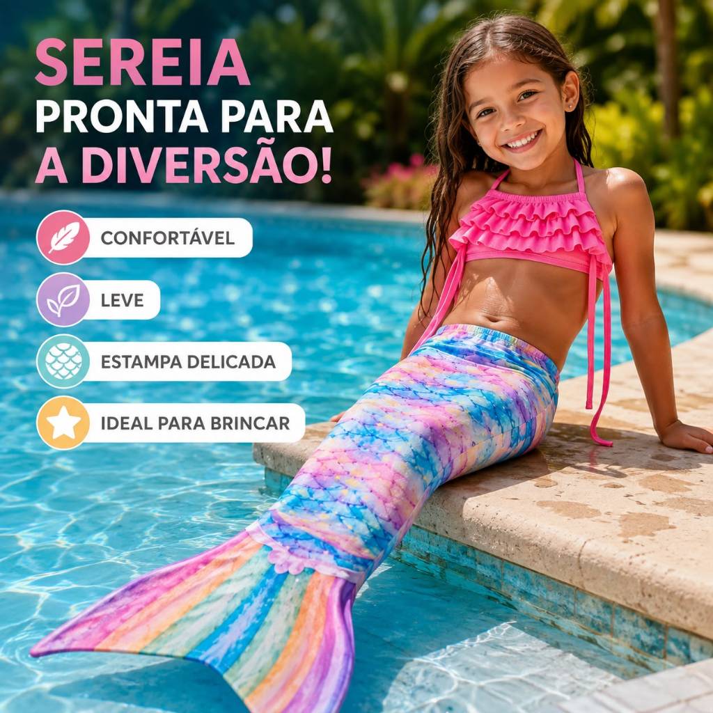 Fantasia de Sereia Infantil Kit 3 Peças com Cauda + Top + Calcinha Modelo DH43 Tamanhos 110 130 140 150