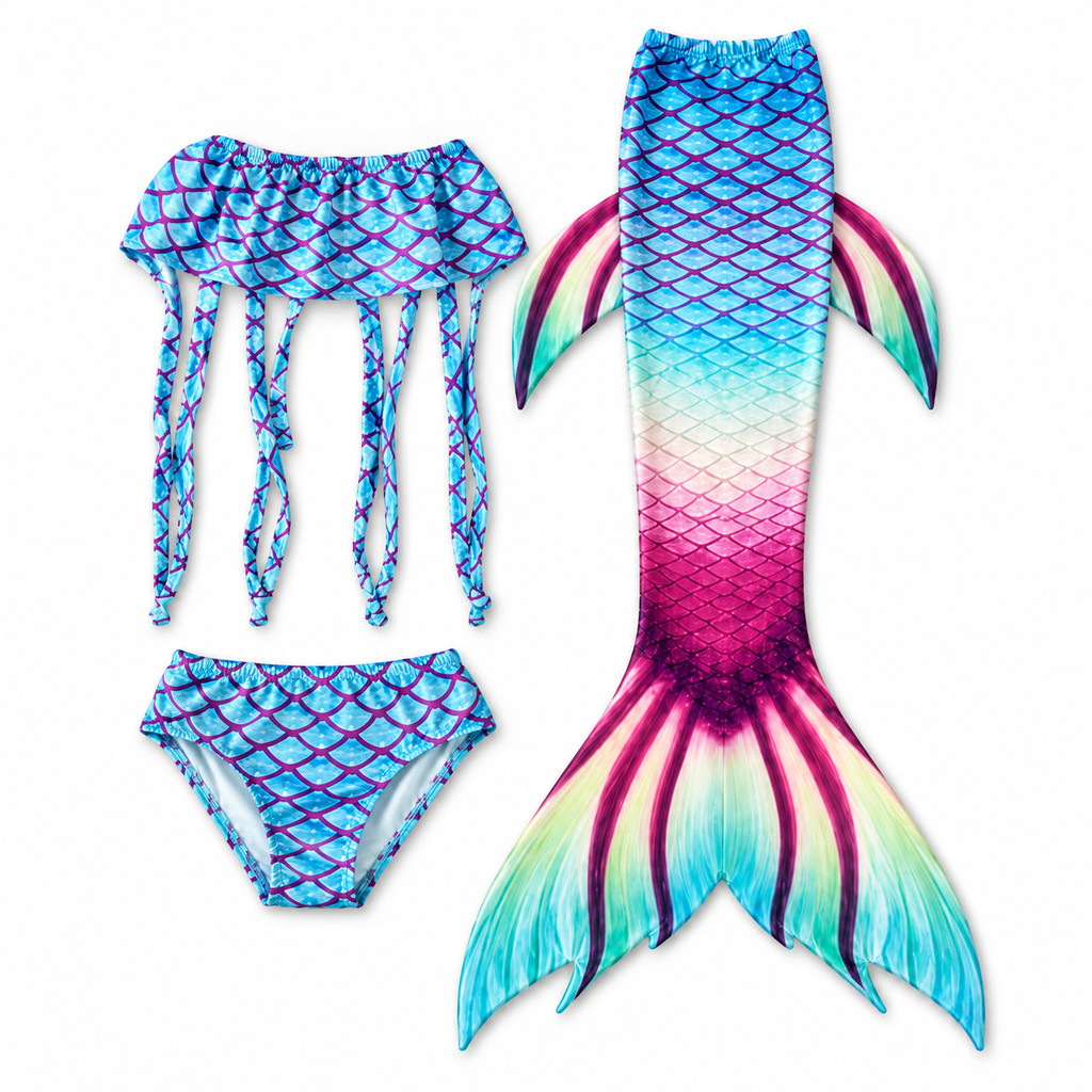 Fantasia Sereia Infantil Kit 3 Peças Cauda Top Calcinha GB05 Azul Rosa Tamanhos 110 130 140