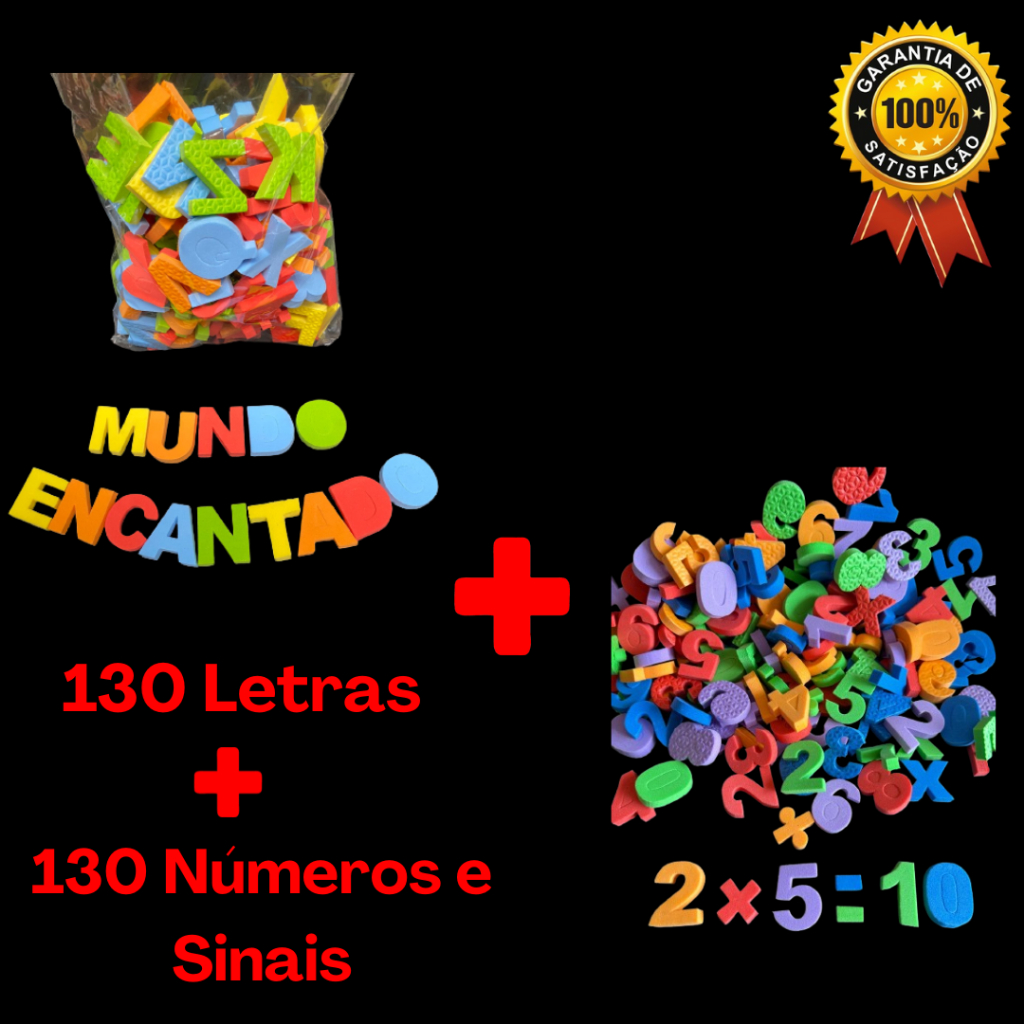 Kit Letras e Números Em EVA 7MM - PACOTE COM 130 LETRAS + 110 NÚMEROS + 25 SINAIS - TAMANHO 3,5CM CADA LETRA E NÚMERO