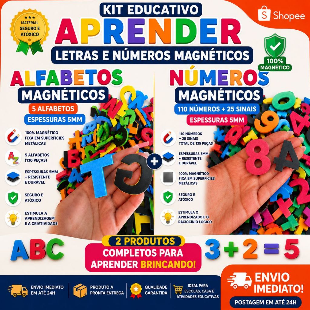 Kit Alfabetos E Números Magnéticos Em Eva 5mm 130 Letras + 110 Números + 25 Sinais 3,5cm
