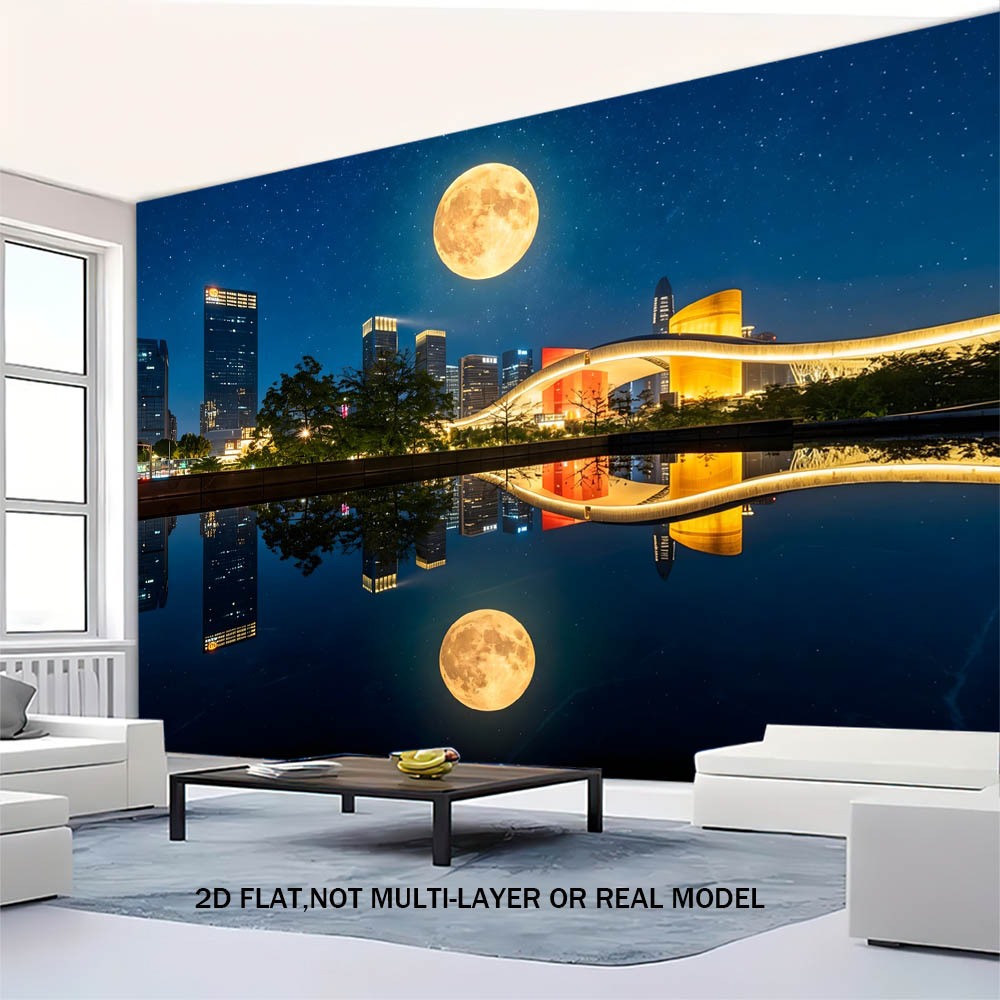 [Tapeçaria de poliéster] City Night View Full Moon Reflection Decoração de parede Tapeçaria ins Estilo nórdico Tapeçaria