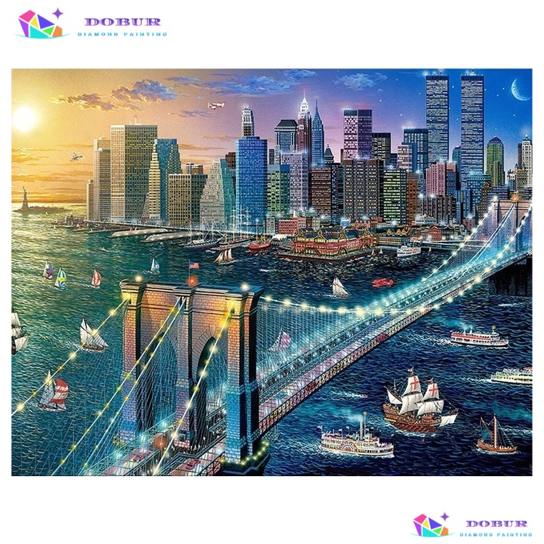 Kit De Pintura De Diamante Redondo/Quadrado Brooklyn Bridge Night View Full Drill Diamond 5D Decoração De Parede Para Ca