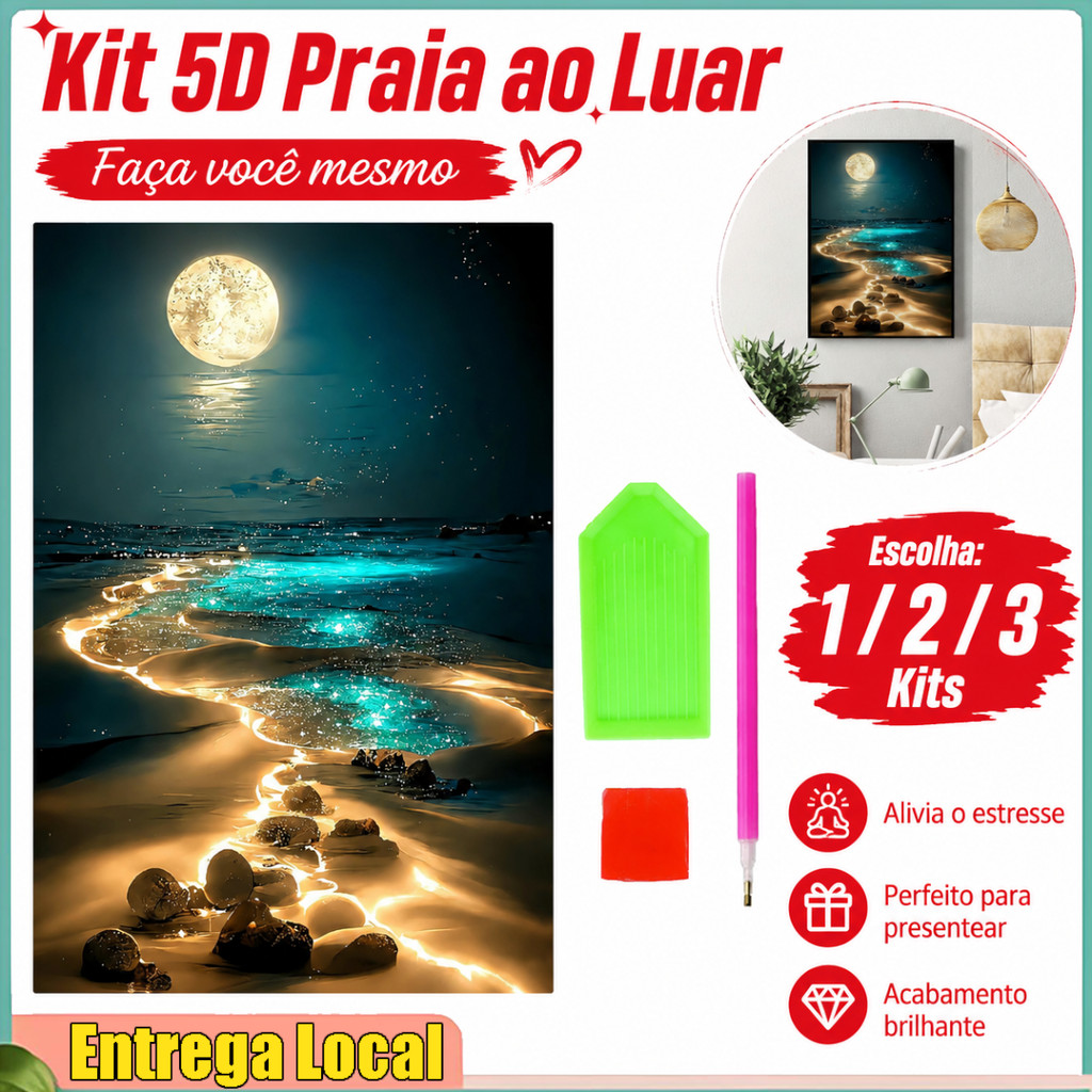 DIY Moonlight Beach Night View Full Diamond Pintura Conjunto de descompressão Casual