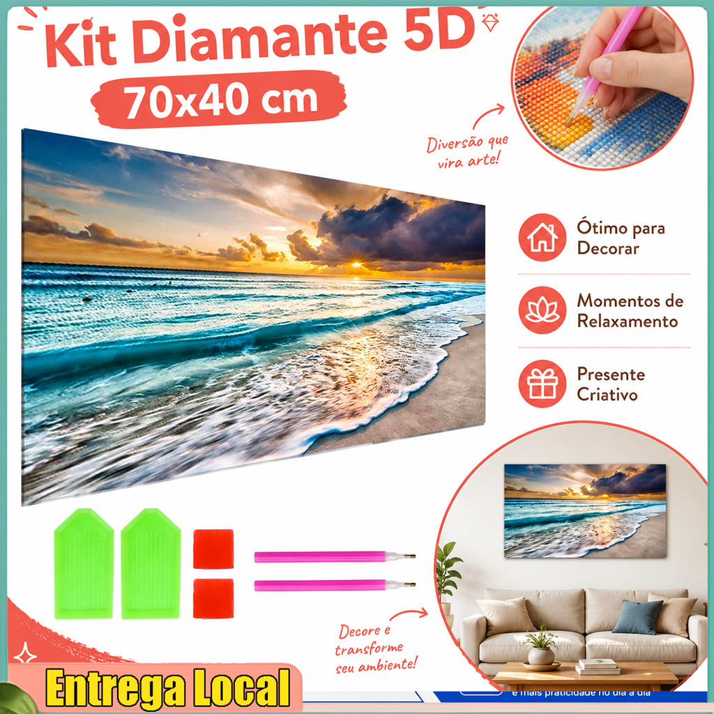 70 x 40 cm Seaside Sunset Full Diamond Diamond Pintura Conjunto completo DIY Sala de estar Sea View Decoração Pintura