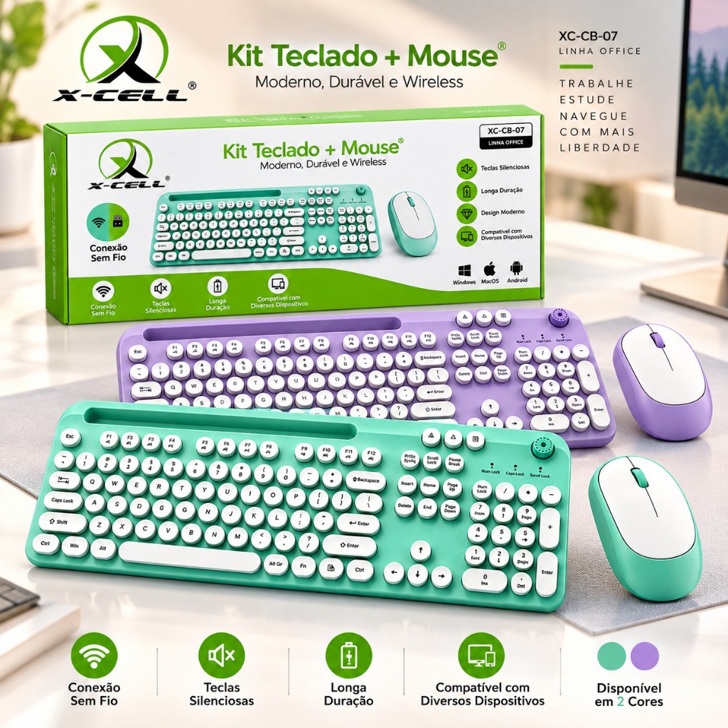 Kit Teclado e Mouse Sem Fio X-Cell XC-CB-07 ABNT2 Teclas Silenciosas Wireless