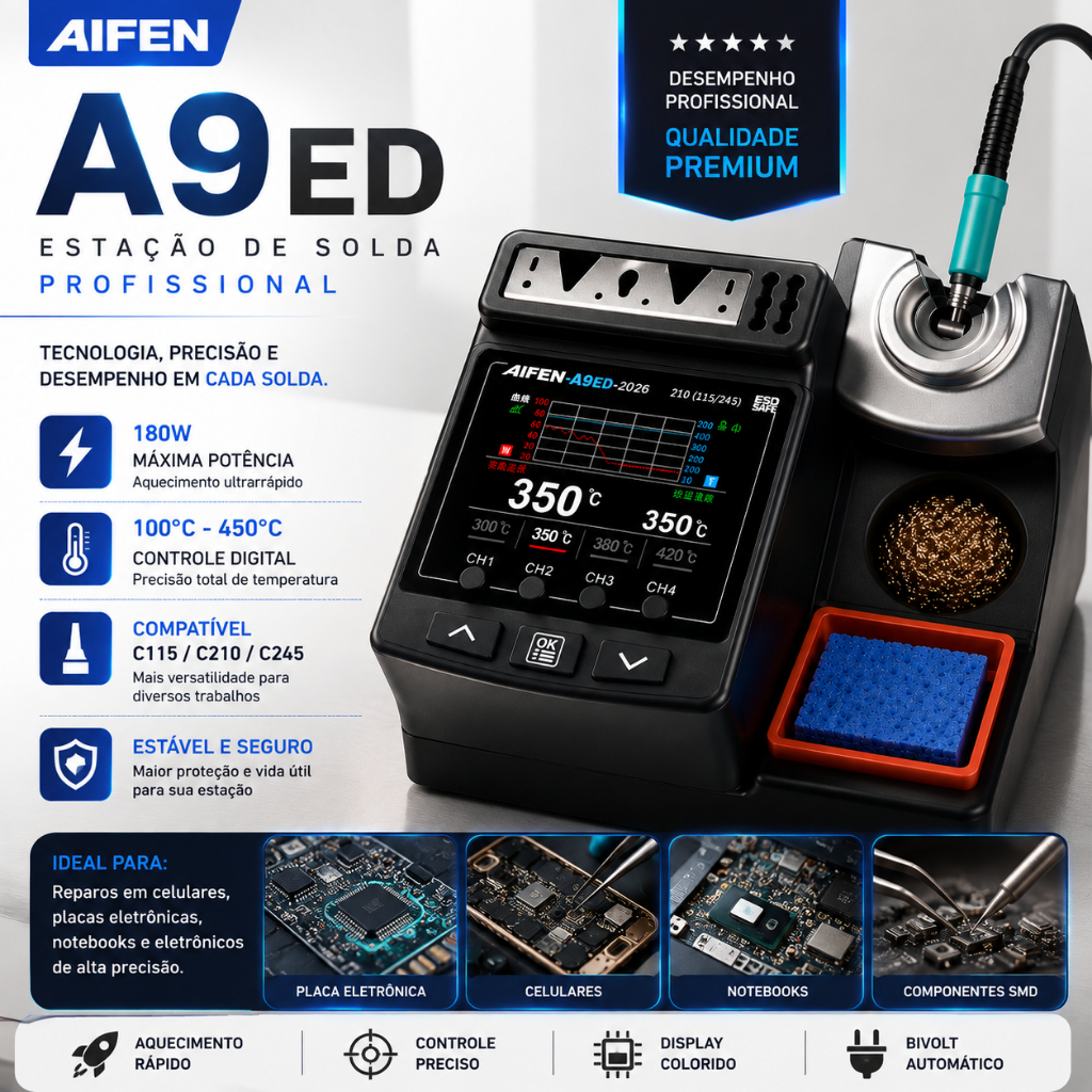 Estação de Solda Aifen A9ED 180W Digital C115 C210 C245 Bivolt 110V 220V Aquecimento Rápido