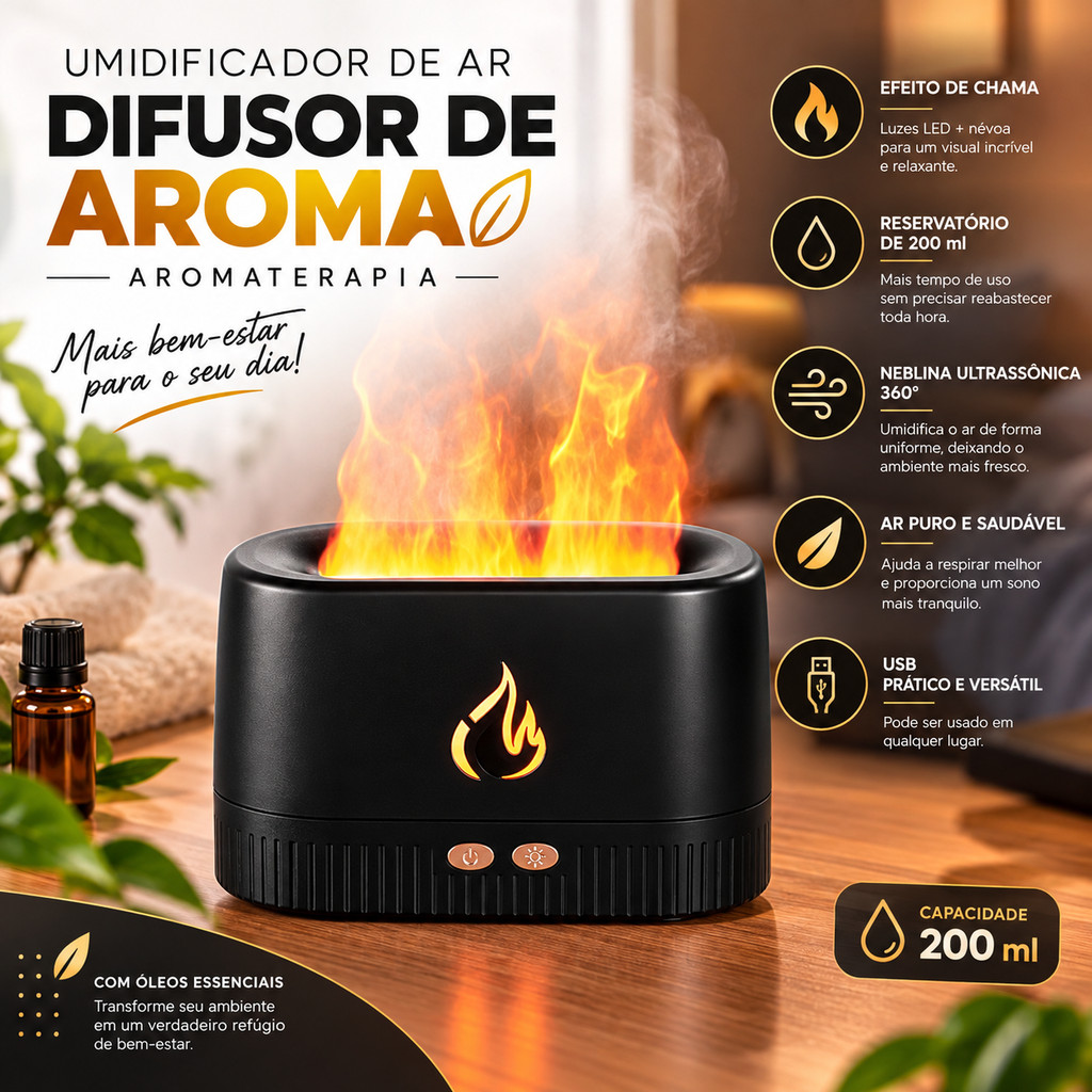 Umidificador De Ar Difusor De Aroma Aromaterapia 200 Ml USB Ultrasonic Óleo Essencial Quarto Fragrância