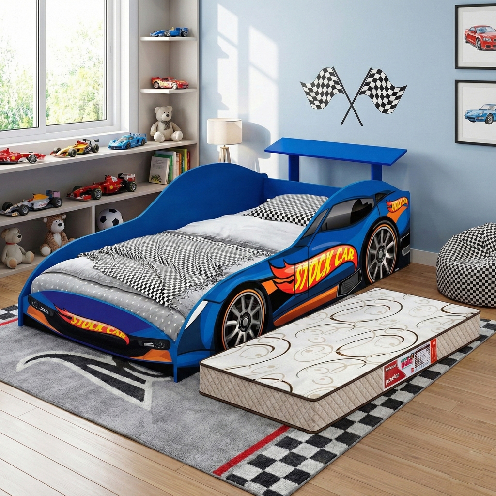 Cama Infantil Carro Stock Car Azul MDF Com Colchão e Aerofólio Quarto Menino Resistente Decorativa