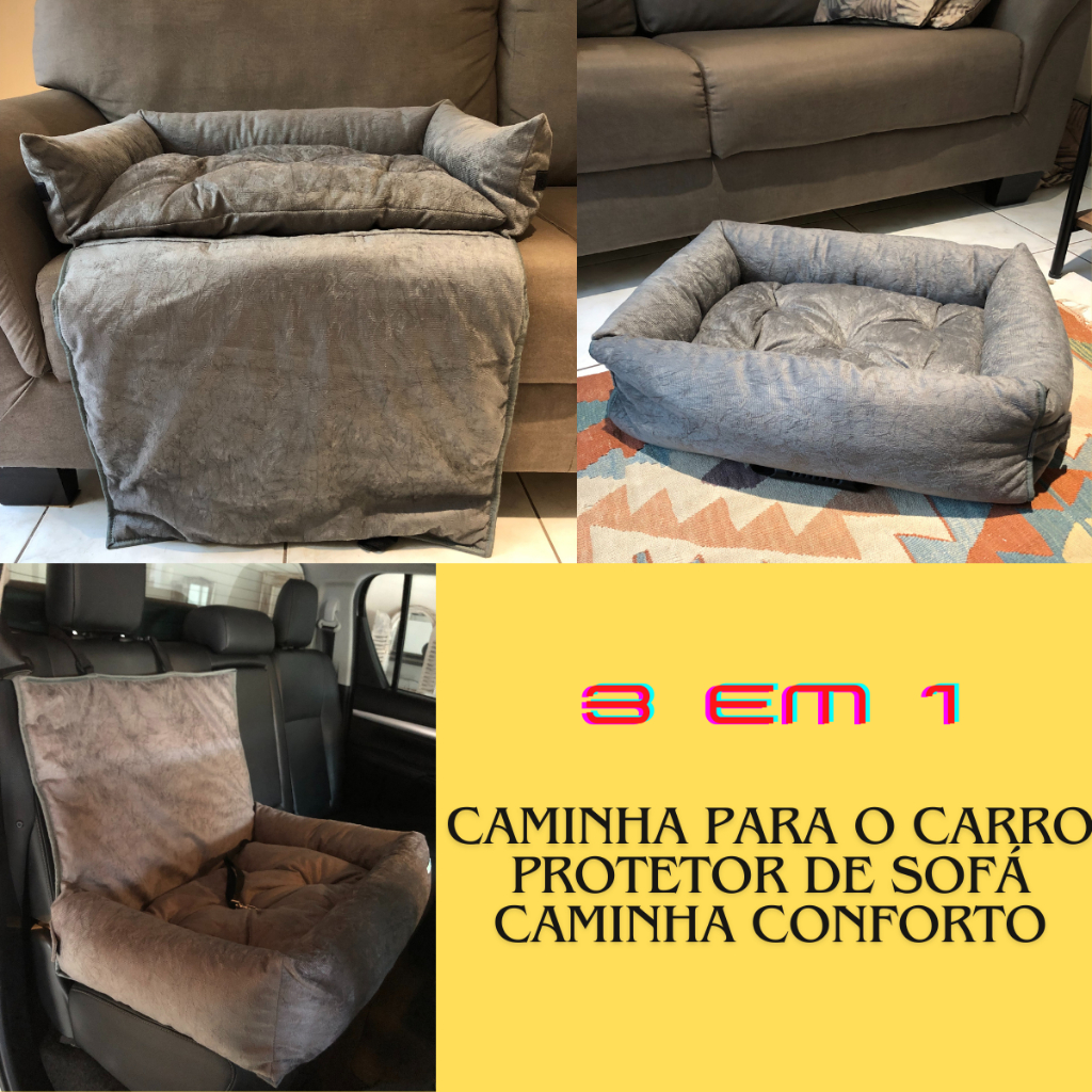 Caminha para cachorro Pet Car, 3 em 1, para o carro, sofá e casa, cor cinza tamanho 60x50 cm - Karppovet