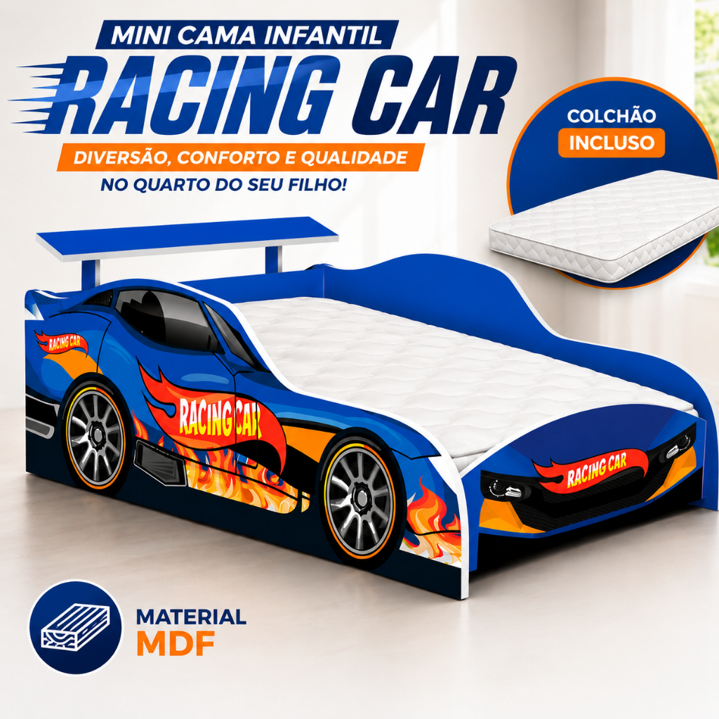 Mini Cama Infantil Carro Racing Car Azul com Colchão 150cm Infantil