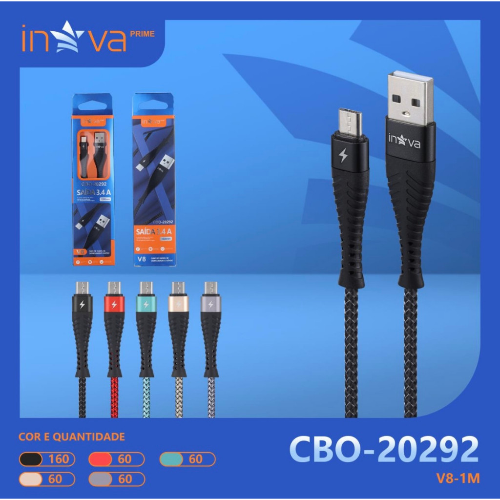 kit 5pcs Cabos USB Entrada Micro USB V8 2.1 - Cabo de Dados e Carregamento 1 metro Turbo Nylon