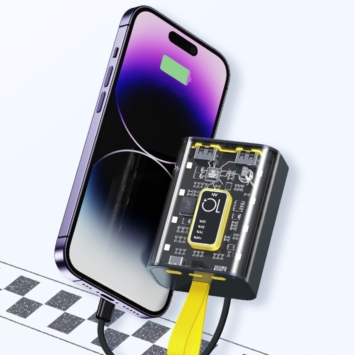Carregador de banco de potência transparente portátil de 10.000mAh com cabo de carregamento integrado-A5