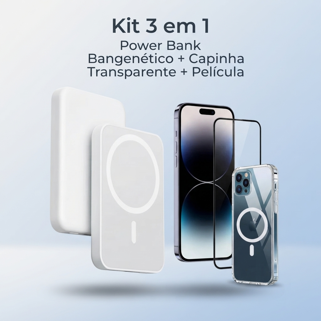 Kit Carregador Magnético Portátil com Capa Transparente e Película de Vidro para iphone