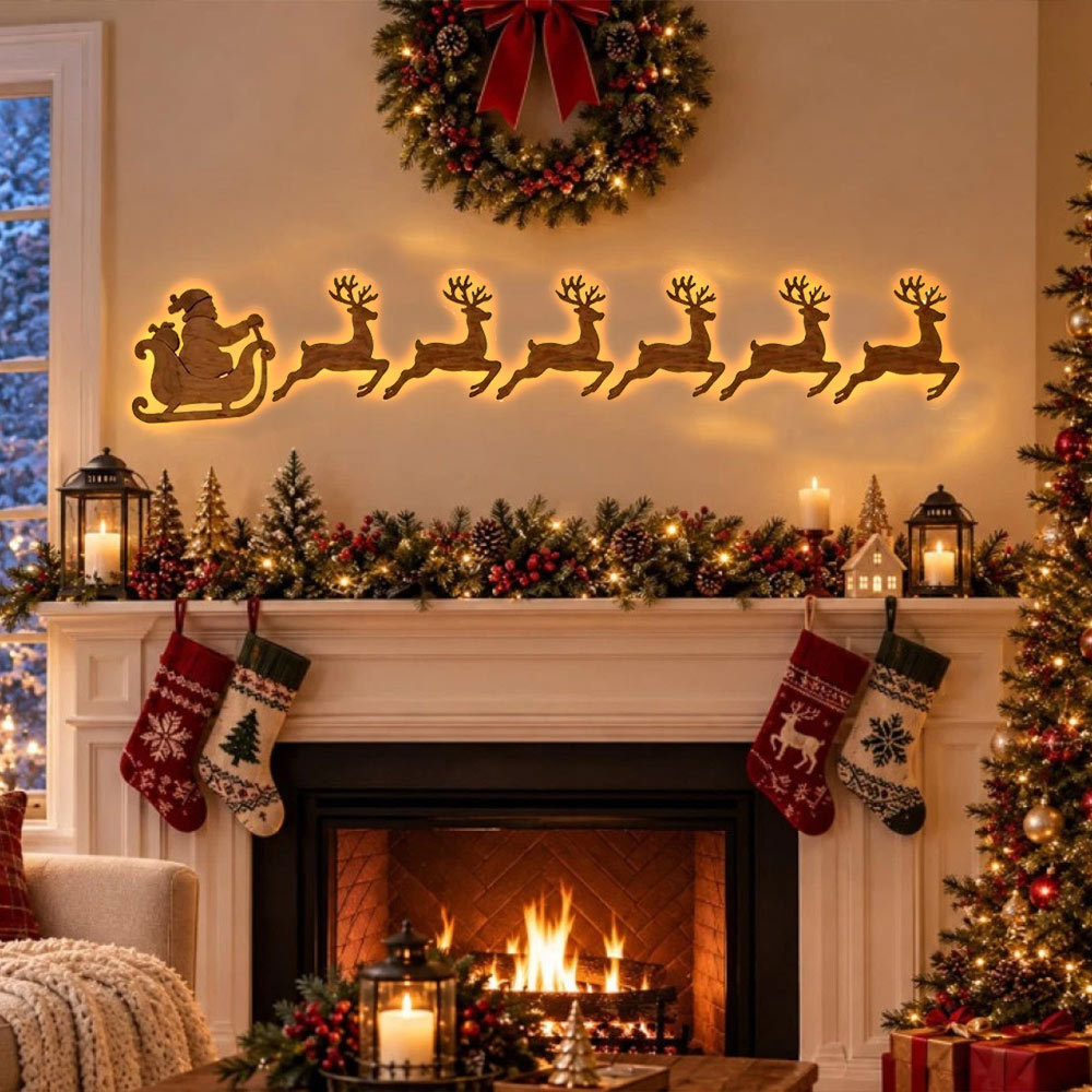 Santa Sleigh Reindeer LED Wall Sign Wooden Backlit Silhouette For Christmas Indoor Wall Holiday Decoration