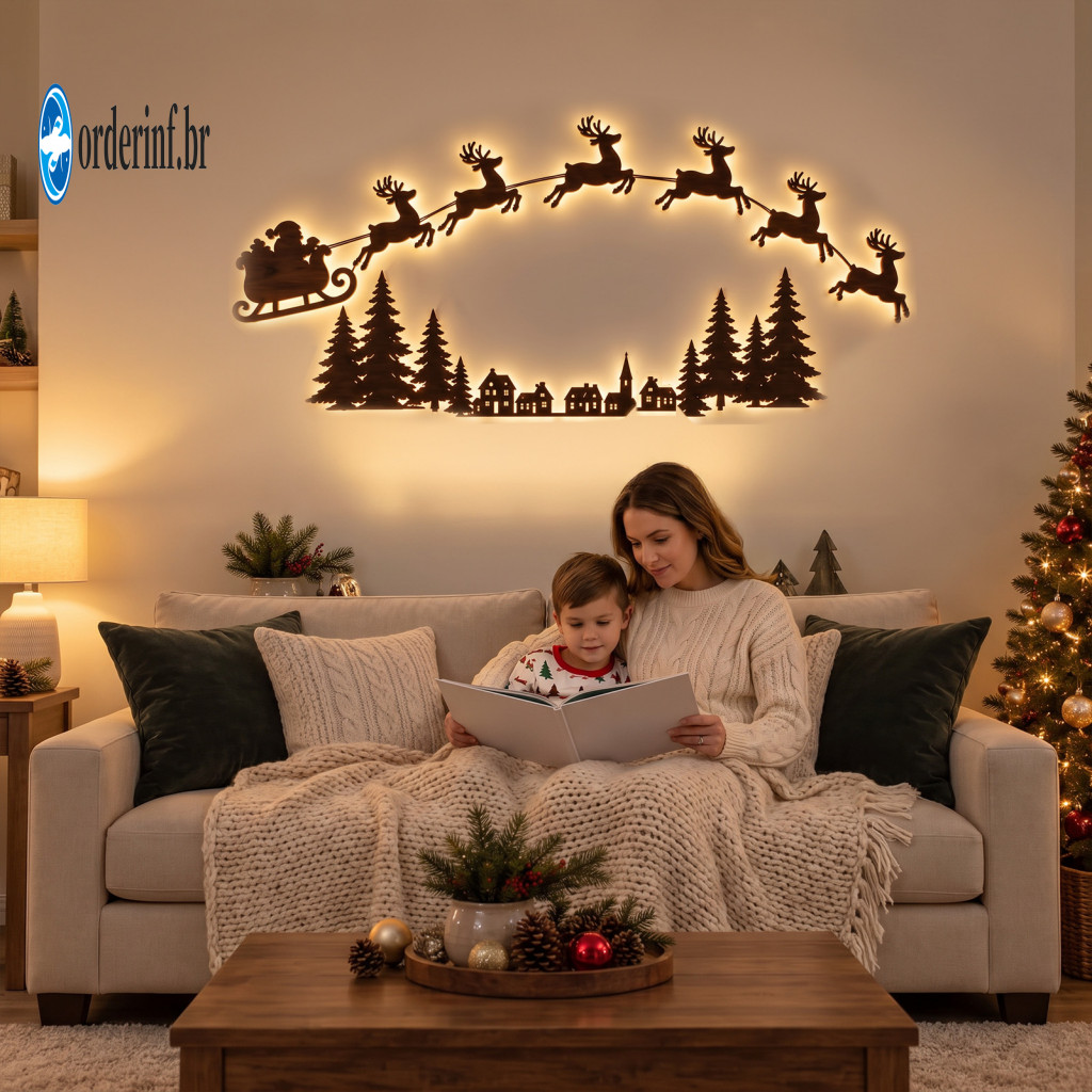 Diy Christmas Village Scene Wireless Wall Decor Led Wooden Santa Sleigh Reindeer with Remote – Warm Backlit Light Peel