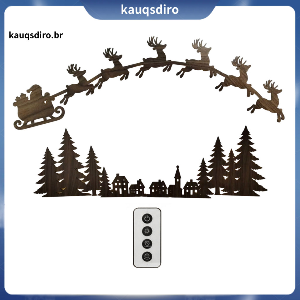 Festive Holiday Wall Art Wireless Christmas Decor Led Wooden Santa Sleigh Reindeer with Remote – Warm Backlit Light Pe