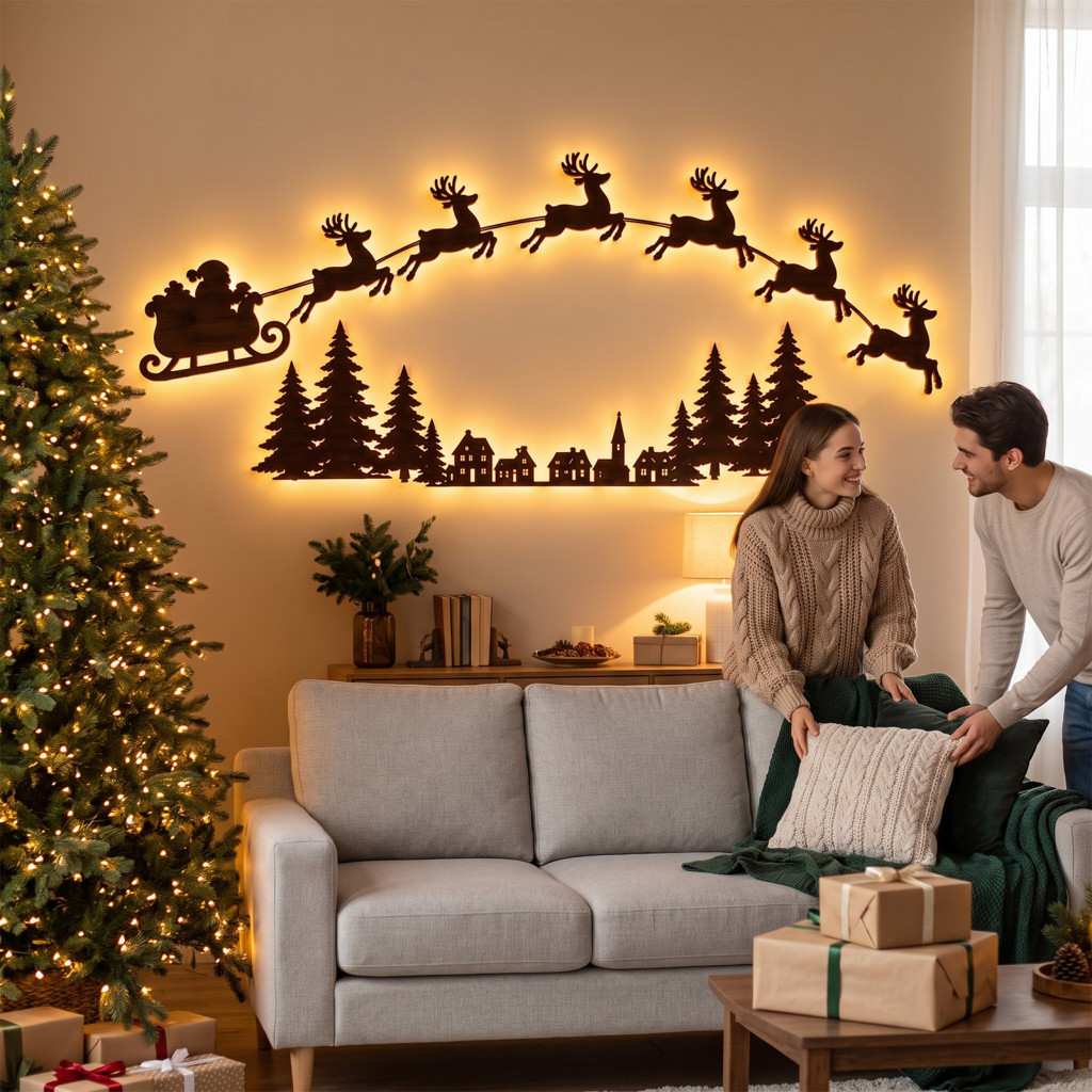 Led Wooden Santa Sleigh Reindeer Wall Decor with Remote – Warm Backlit Christmas Light Peel Stick Perfect for Room Bed