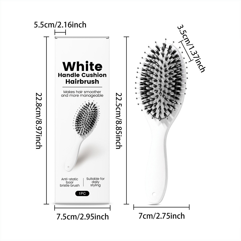 Anti-static Cushion Hairbrush, White Handle, Boar Bristle Design, Comfortable Comb For Daily Hair Styling