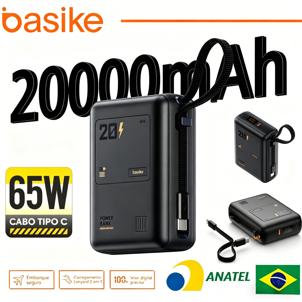 Basike Power Bank 65W Display Digital Cabo  20000mAh USB-C Integrado Carga Super Rápida