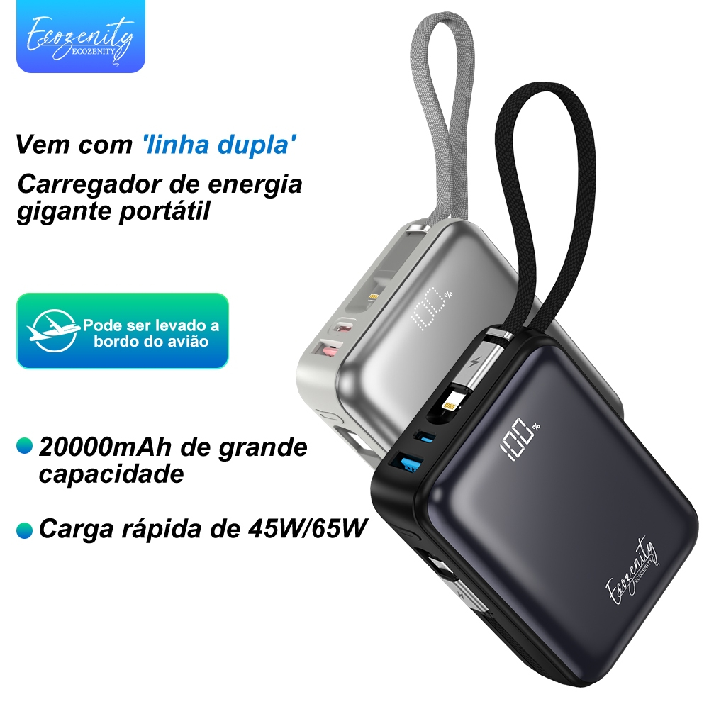 Carregador Portátil 20000mah Power Bank Grande 65W Com Displaya Visor do nível da bateria