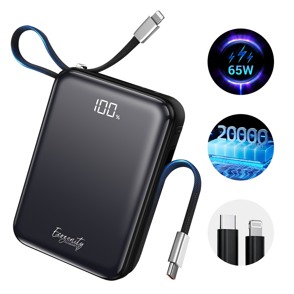 ECOZENITY powerbank 65W 20000MAH Carregamento rápido com dois tipos de cabos e tela LED