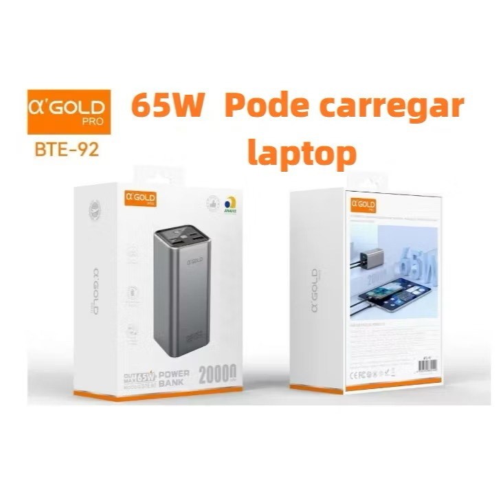 Carregador Power Bank 20000Mah PD 65W Duplo USB-C Bidirecional Para Notebook Mac e Celular Agold BTE-92