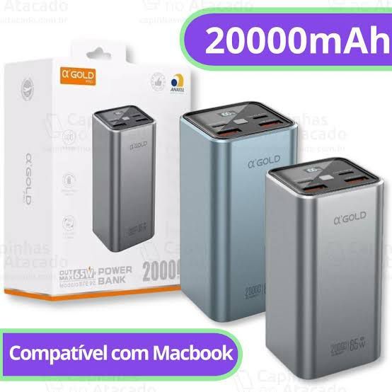 Bateria  Powerbank Externa αGOLD 20000mAh 65W USB-C Recarga Rápida p/ Notebook e Celulares Original