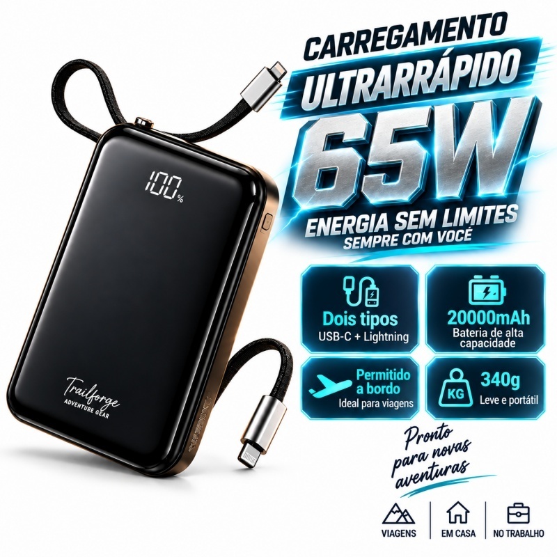 Trailforge Carregador Portátil 20000mAh 65W Power Bank Carregamento Rápido com Saída Dupla