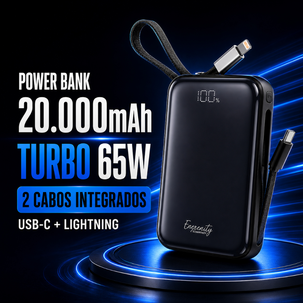 Carregador Portátil para Celular Power Bank 20000mAh Turbo 65W 2 Cabos Integrados USB-C Lightning para iPhone e Android