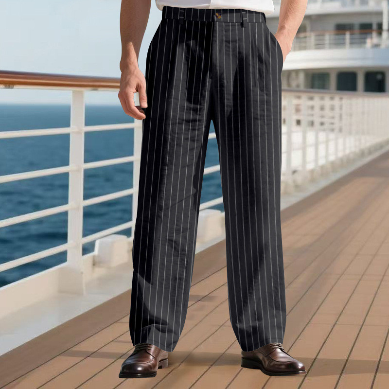 Outono Novas Calças De Linho Masculinas Soltas Respirável Simples Casuais Listra Vertical Design Terno Reto