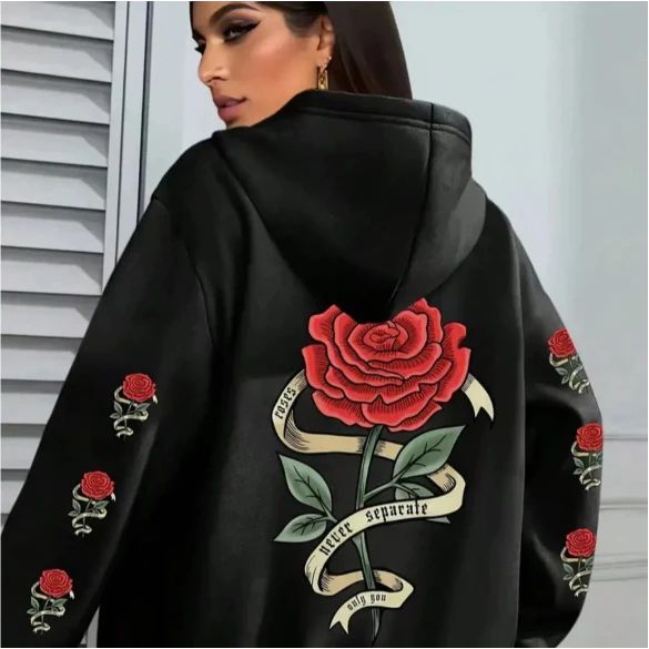 Moletom Feminino com Capuz Blusa Floral Casual Bolso e Toca Never Separate Flor Tendência