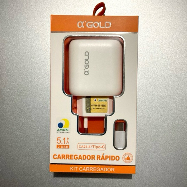 Carregador Turbo Rápido Tipo C 5.1A 2 Saídas USB Universal Cabo Incluso Anatel